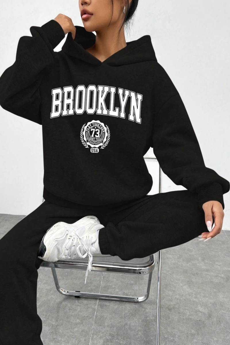 2li Kadın Rahat Basit İngilizce Harfli Kapüşonlu Sweatshirt ve Eşofman Altı Tak