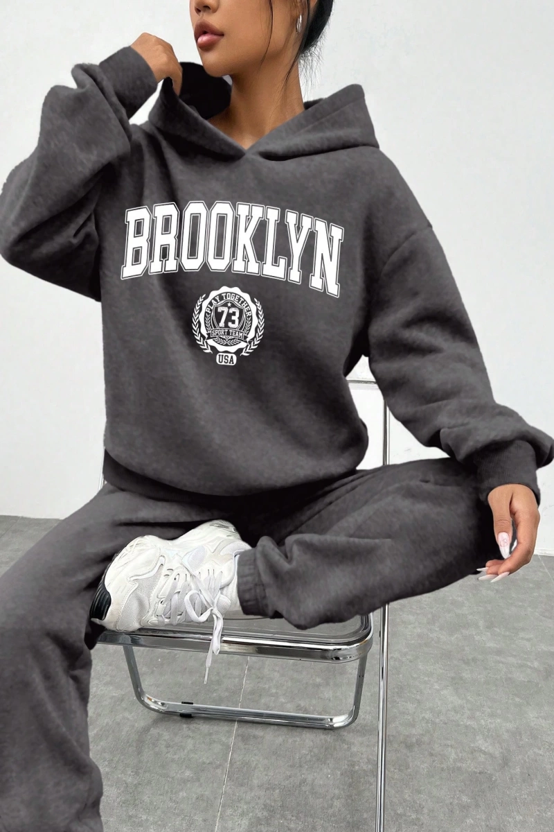 2li Kadın Rahat Basit İngilizce Harfli Kapüşonlu Sweatshirt ve Eşofman Altı Tak