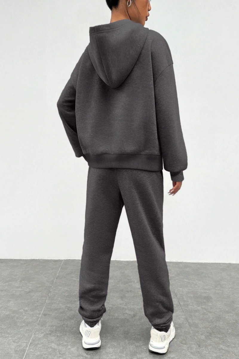 2li Kadın Rahat Basit İngilizce Harfli Kapüşonlu Sweatshirt ve Eşofman Altı Tak