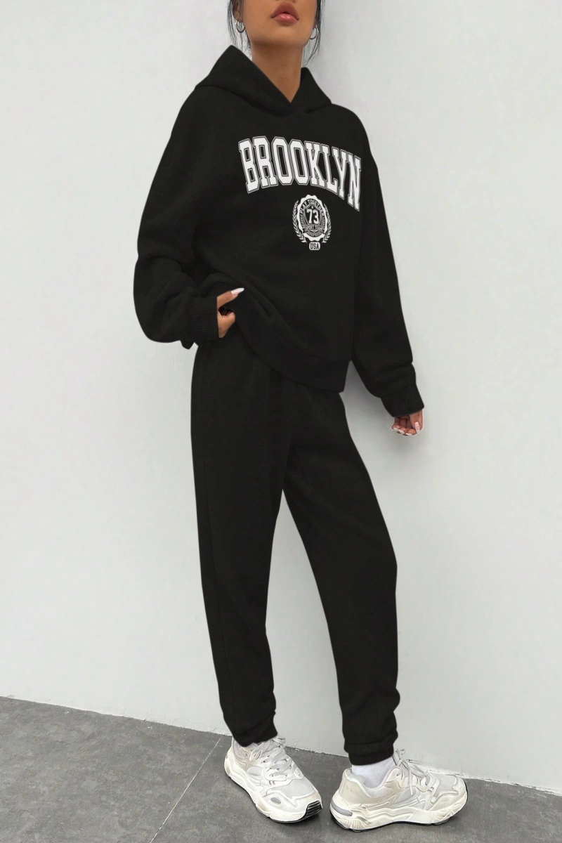 2li Kadın Rahat Basit İngilizce Harfli Kapüşonlu Sweatshirt ve Eşofman Altı Tak