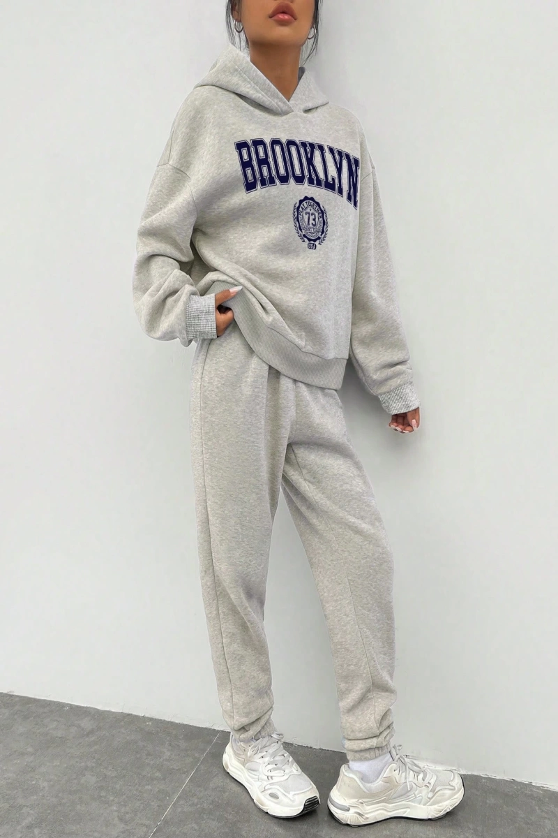 2li Kadın Rahat Basit İngilizce Harfli Kapüşonlu Sweatshirt ve Eşofman Altı Tak