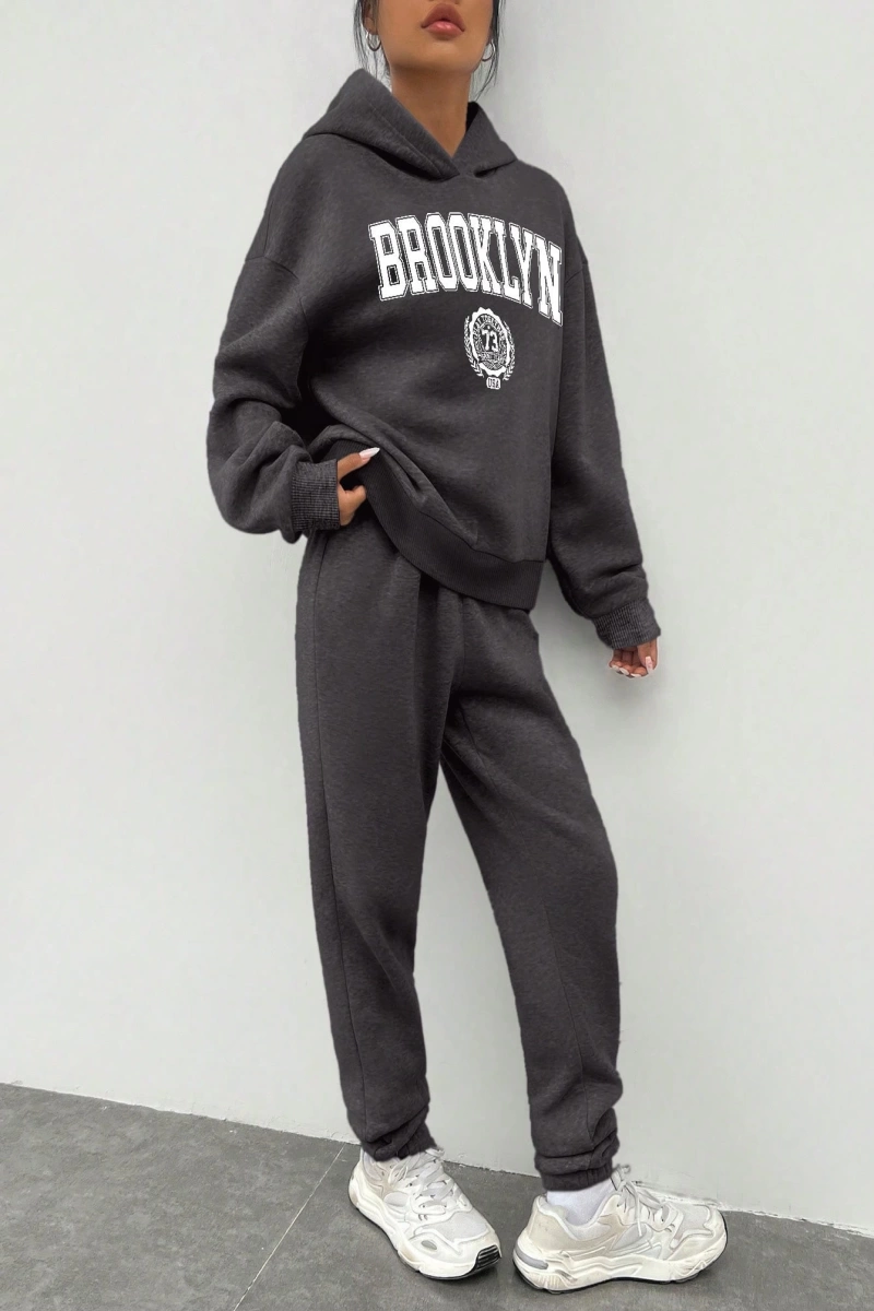 2li Kadın Rahat Basit İngilizce Harfli Kapüşonlu Sweatshirt ve Eşofman Altı Tak