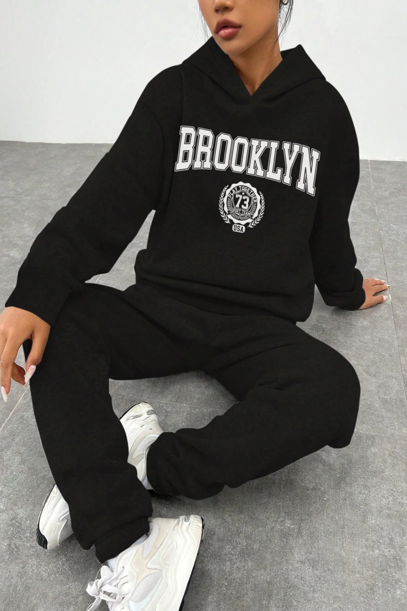 2li Kadın Rahat Basit İngilizce Harfli Kapüşonlu Sweatshirt ve Eşofman Altı Tak