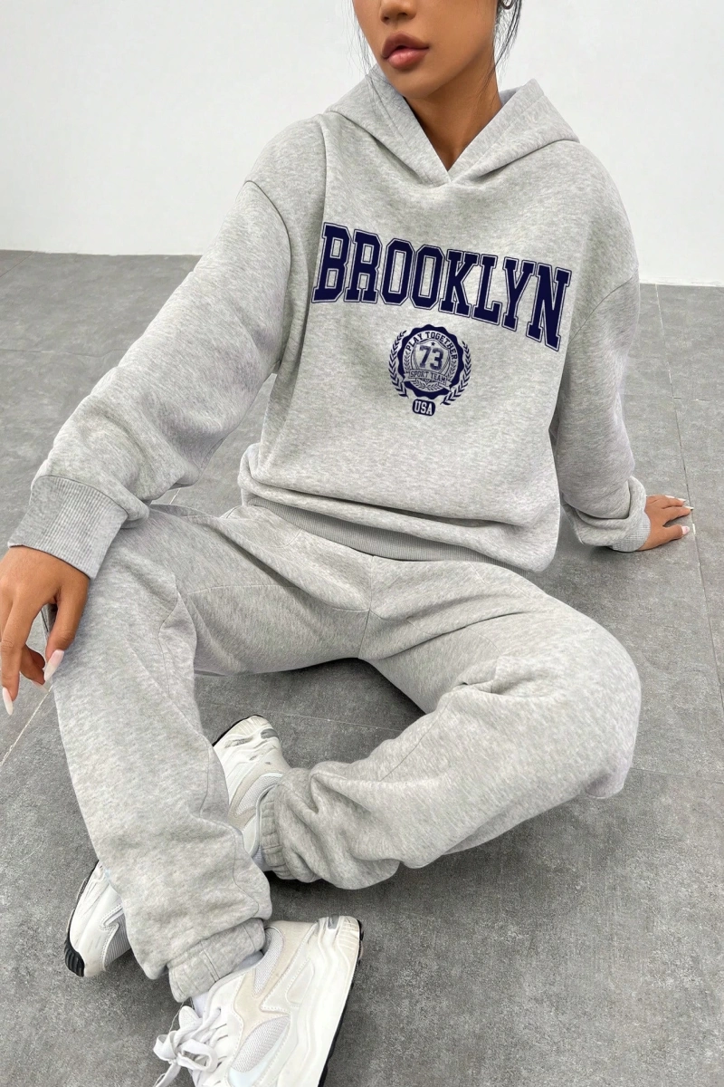2li Kadın Rahat Basit İngilizce Harfli Kapüşonlu Sweatshirt ve Eşofman Altı Tak