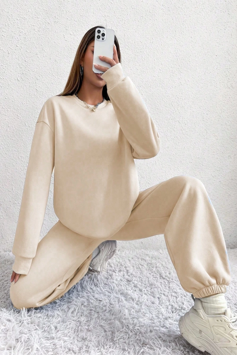 2li Rahat Minimalist Düz Renk Yuvarlak Yaka Sweatshirt Ve Eşofman Altı Takımı