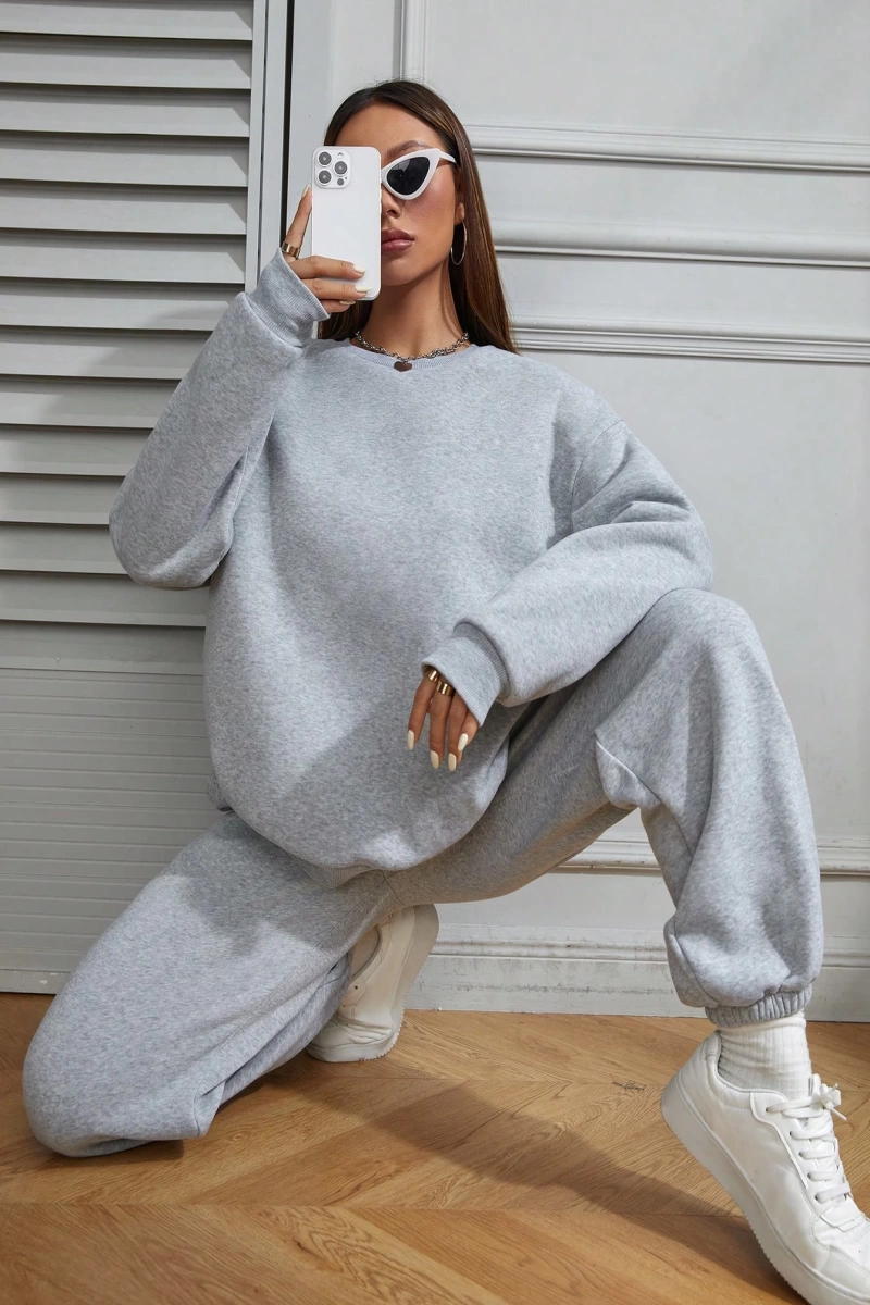 2li Rahat Minimalist Düz Renk Yuvarlak Yaka Sweatshirt Ve Eşofman Altı Takımı