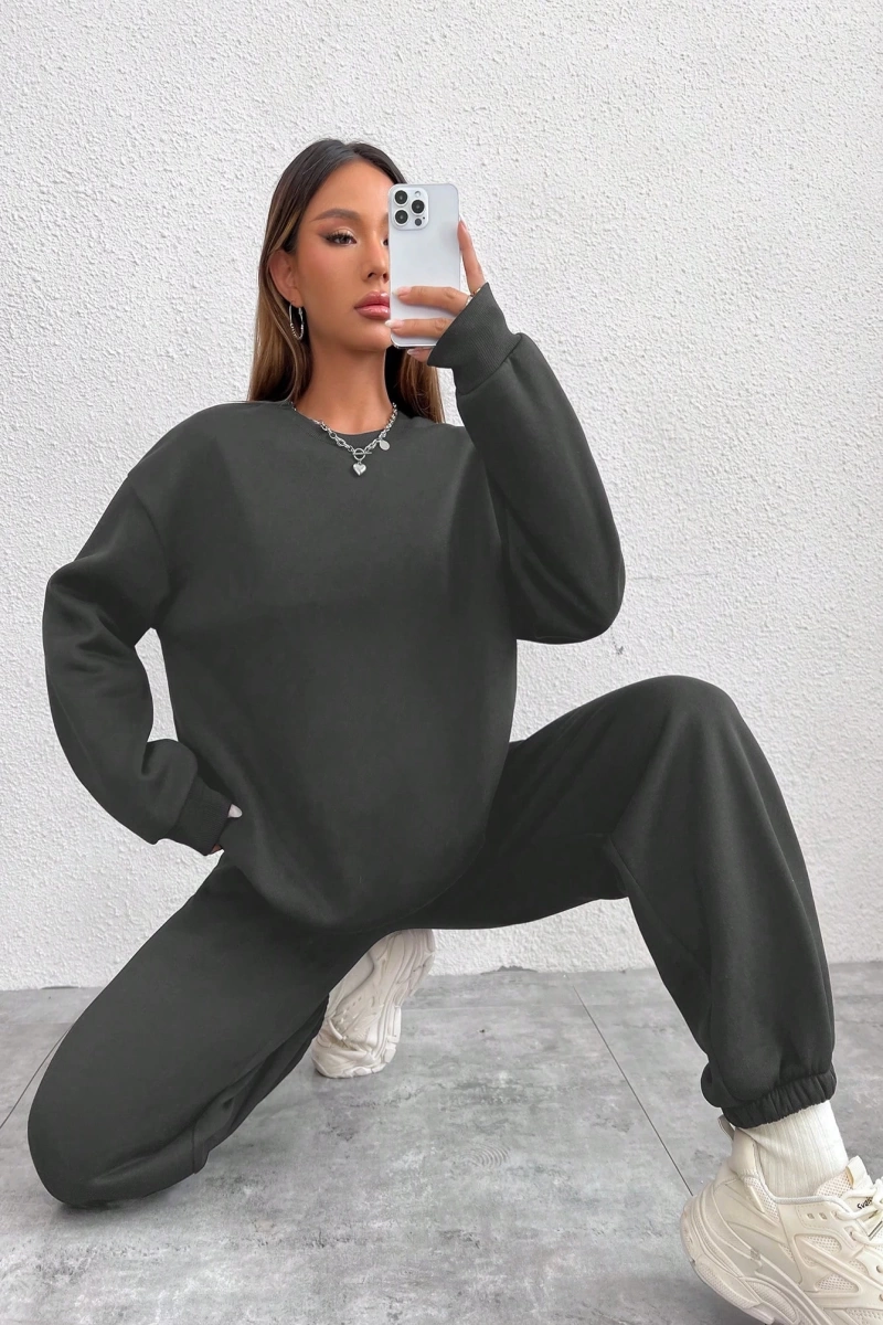 2li Rahat Minimalist Düz Renk Yuvarlak Yaka Sweatshirt Ve Eşofman Altı Takımı