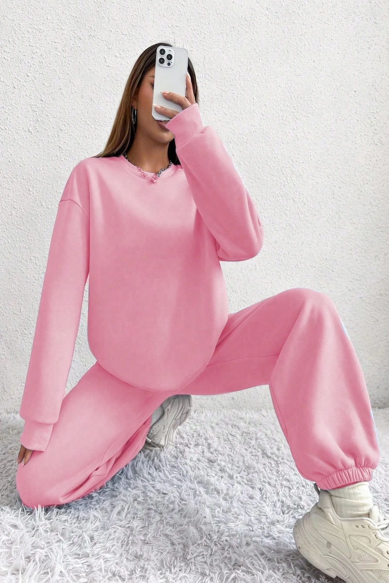 2li Rahat Minimalist Düz Renk Yuvarlak Yaka Sweatshirt Ve Eşofman Altı Takımı