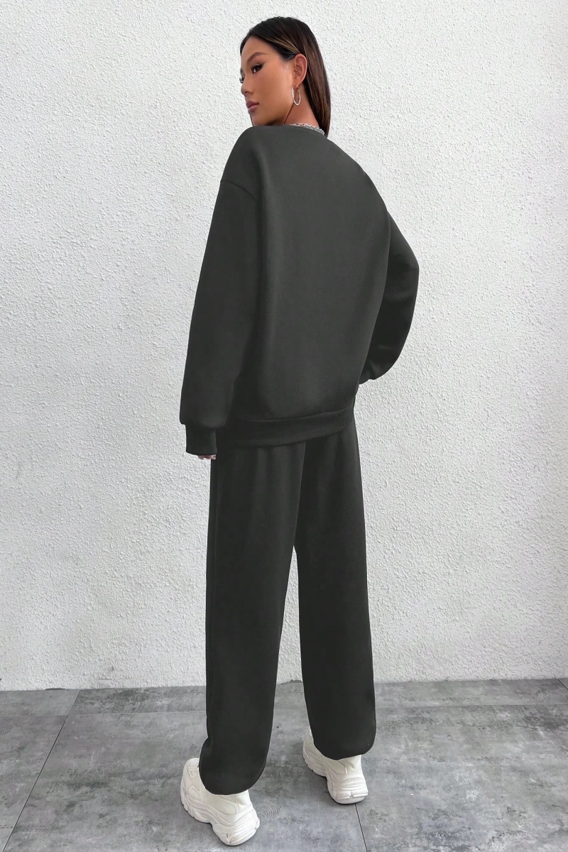 2li Rahat Minimalist Düz Renk Yuvarlak Yaka Sweatshirt Ve Eşofman Altı Takımı