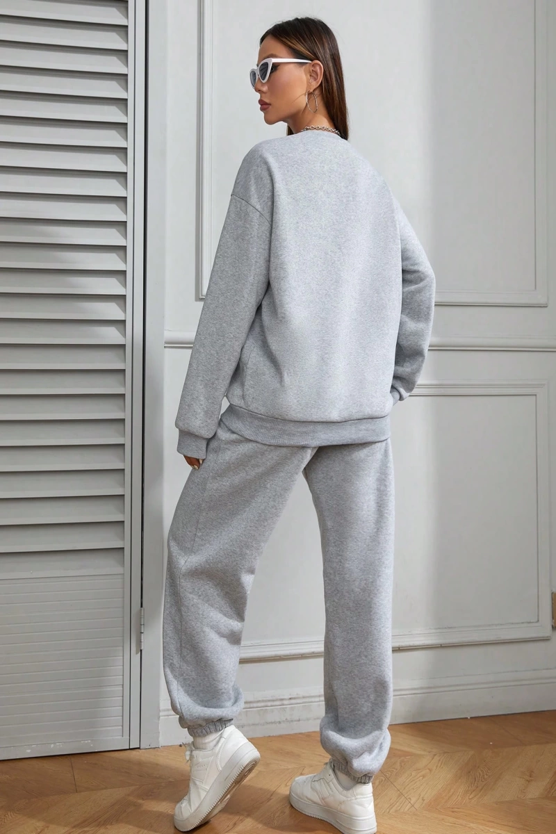 2li Rahat Minimalist Düz Renk Yuvarlak Yaka Sweatshirt Ve Eşofman Altı Takımı