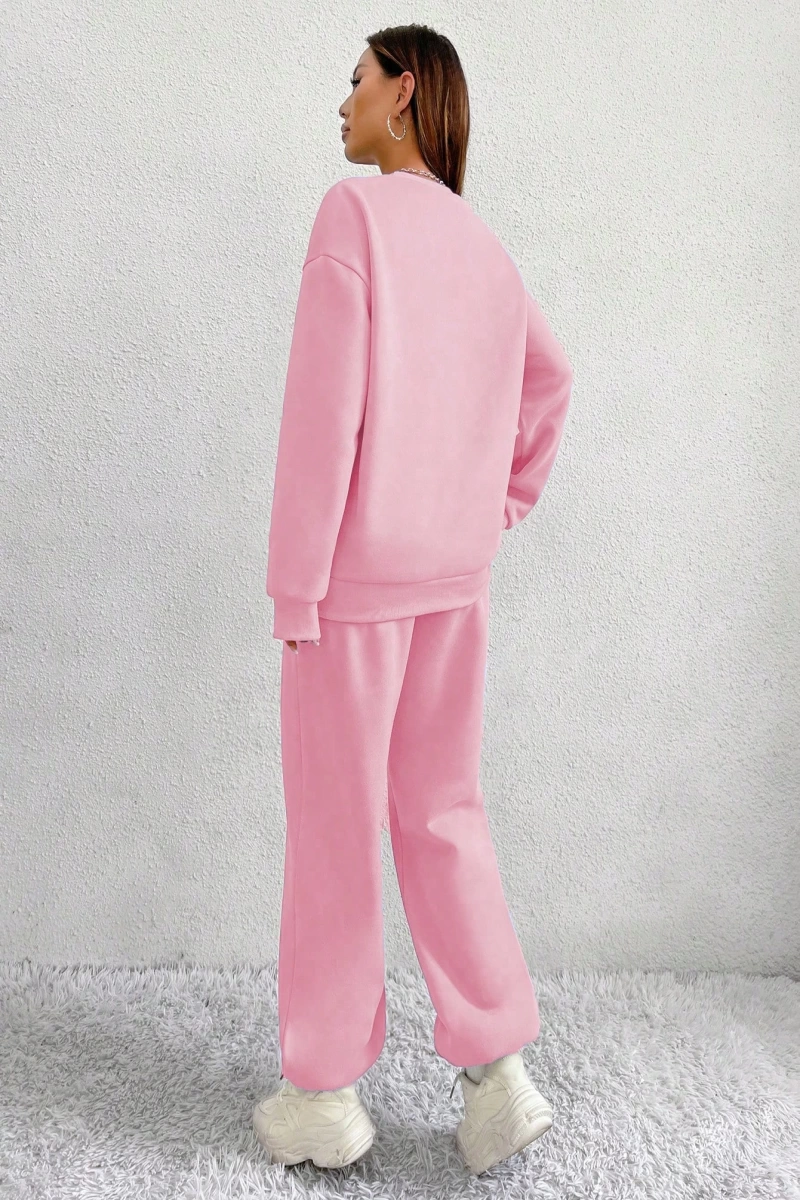 2li Rahat Minimalist Düz Renk Yuvarlak Yaka Sweatshirt Ve Eşofman Altı Takımı