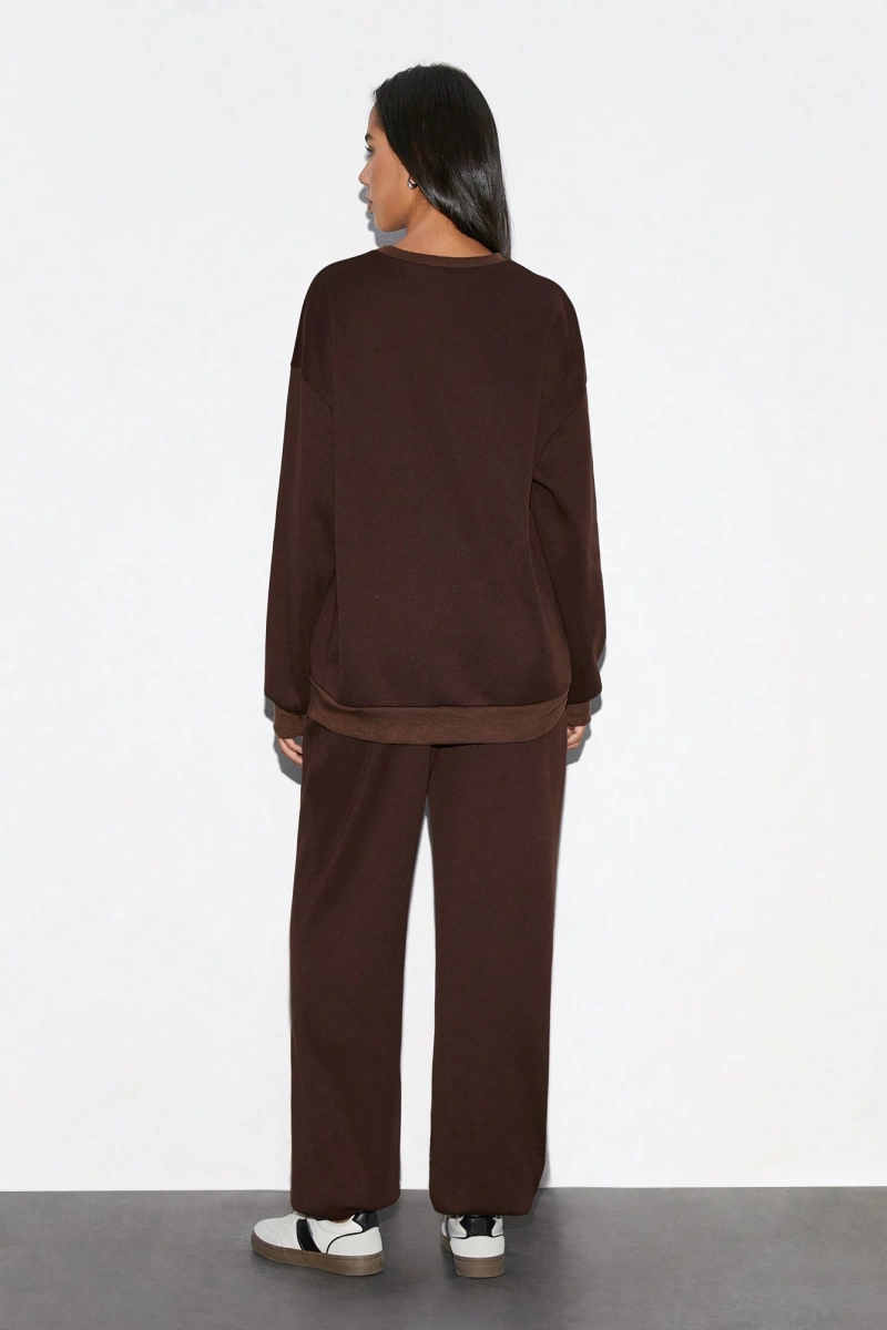 2li Rahat Minimalist Düz Renk Yuvarlak Yaka Sweatshirt Ve Eşofman Altı Takımı