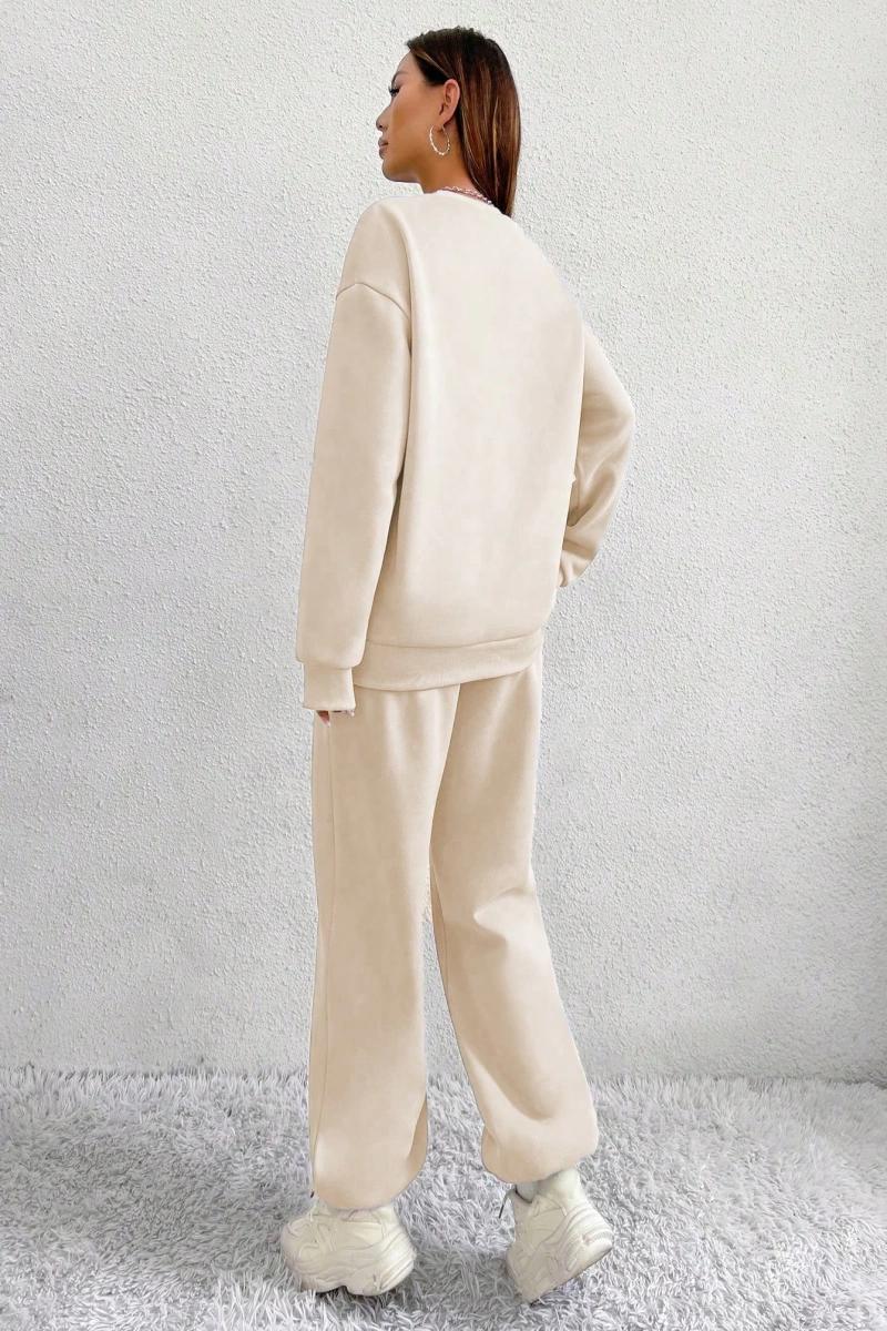 2li Rahat Minimalist Düz Renk Yuvarlak Yaka Sweatshirt Ve Eşofman Altı Takımı