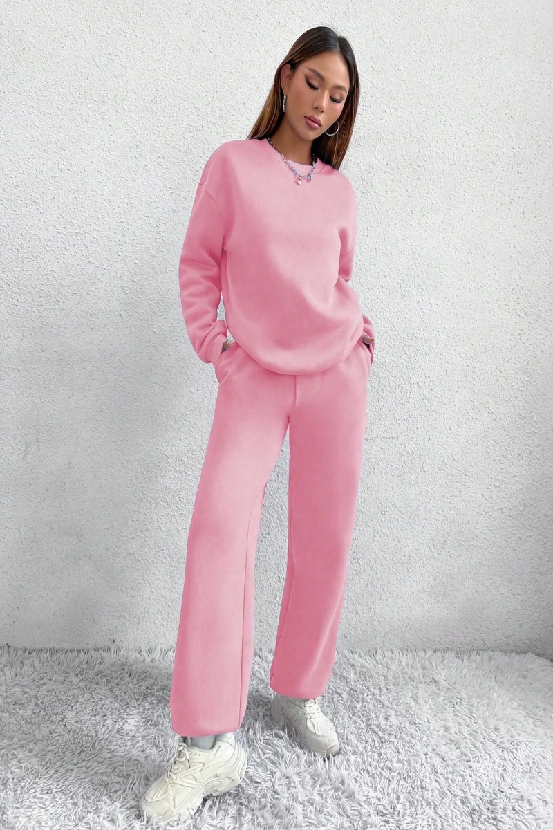 2li Rahat Minimalist Düz Renk Yuvarlak Yaka Sweatshirt Ve Eşofman Altı Takımı