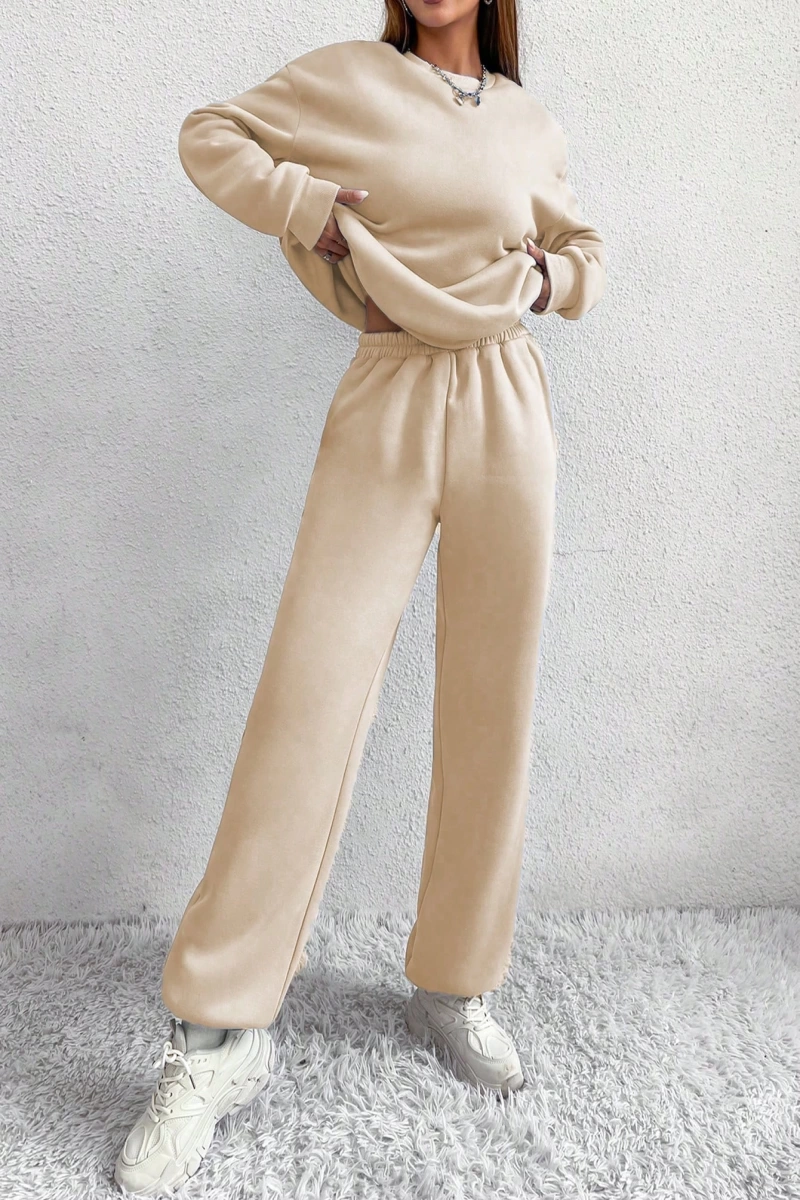 2li Rahat Minimalist Düz Renk Yuvarlak Yaka Sweatshirt Ve Eşofman Altı Takımı