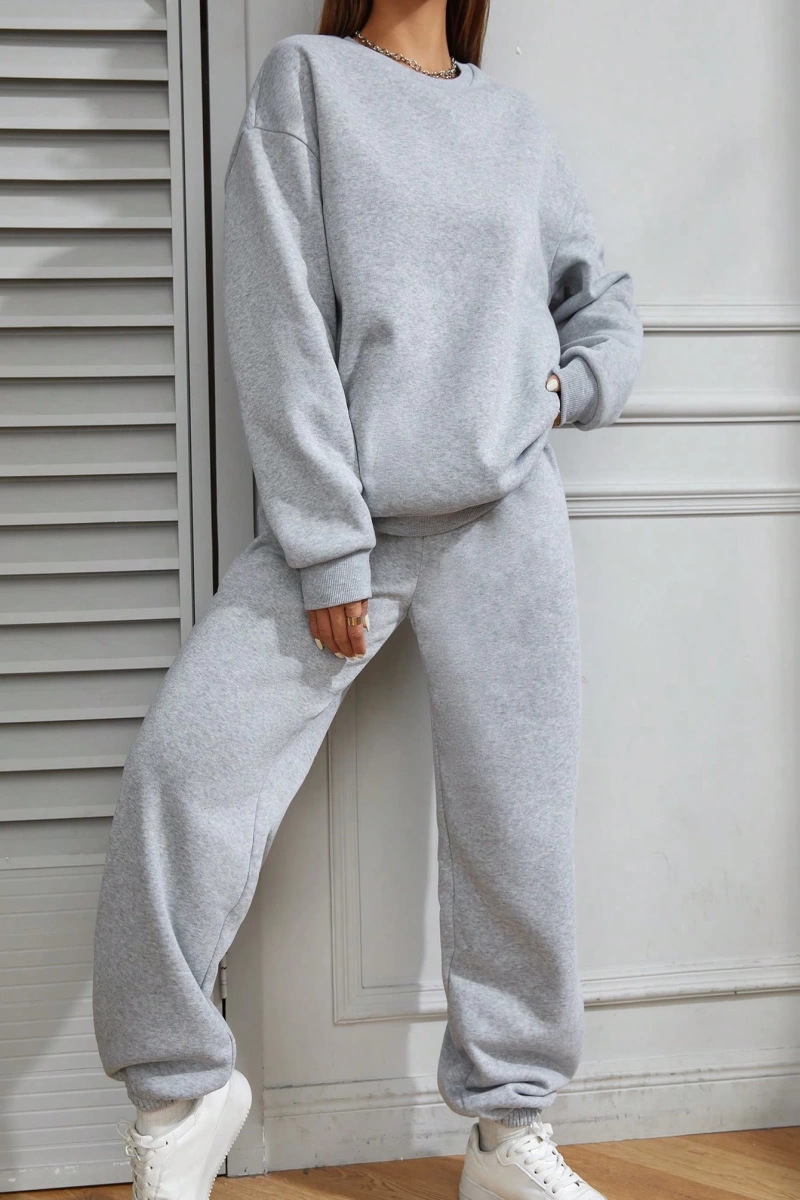 2li Rahat Minimalist Düz Renk Yuvarlak Yaka Sweatshirt Ve Eşofman Altı Takımı