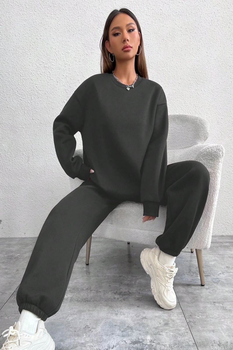 2li Rahat Minimalist Düz Renk Yuvarlak Yaka Sweatshirt Ve Eşofman Altı Takımı