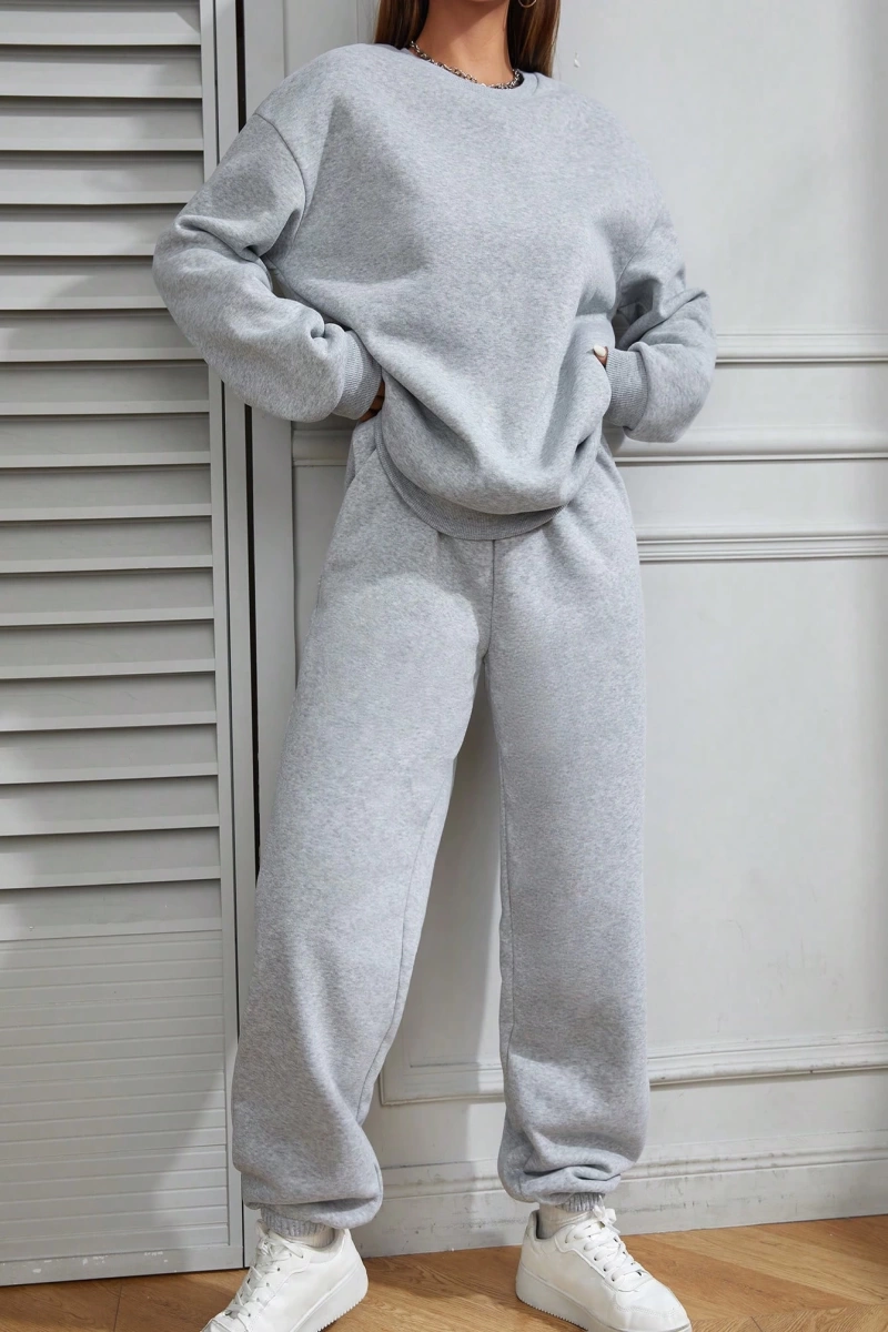 2li Rahat Minimalist Düz Renk Yuvarlak Yaka Sweatshirt Ve Eşofman Altı Takımı