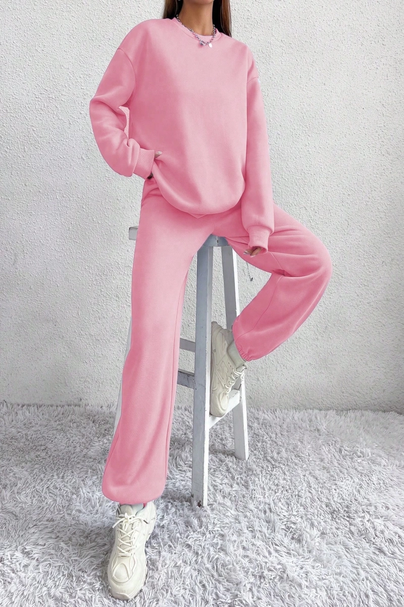 2li Rahat Minimalist Düz Renk Yuvarlak Yaka Sweatshirt Ve Eşofman Altı Takımı