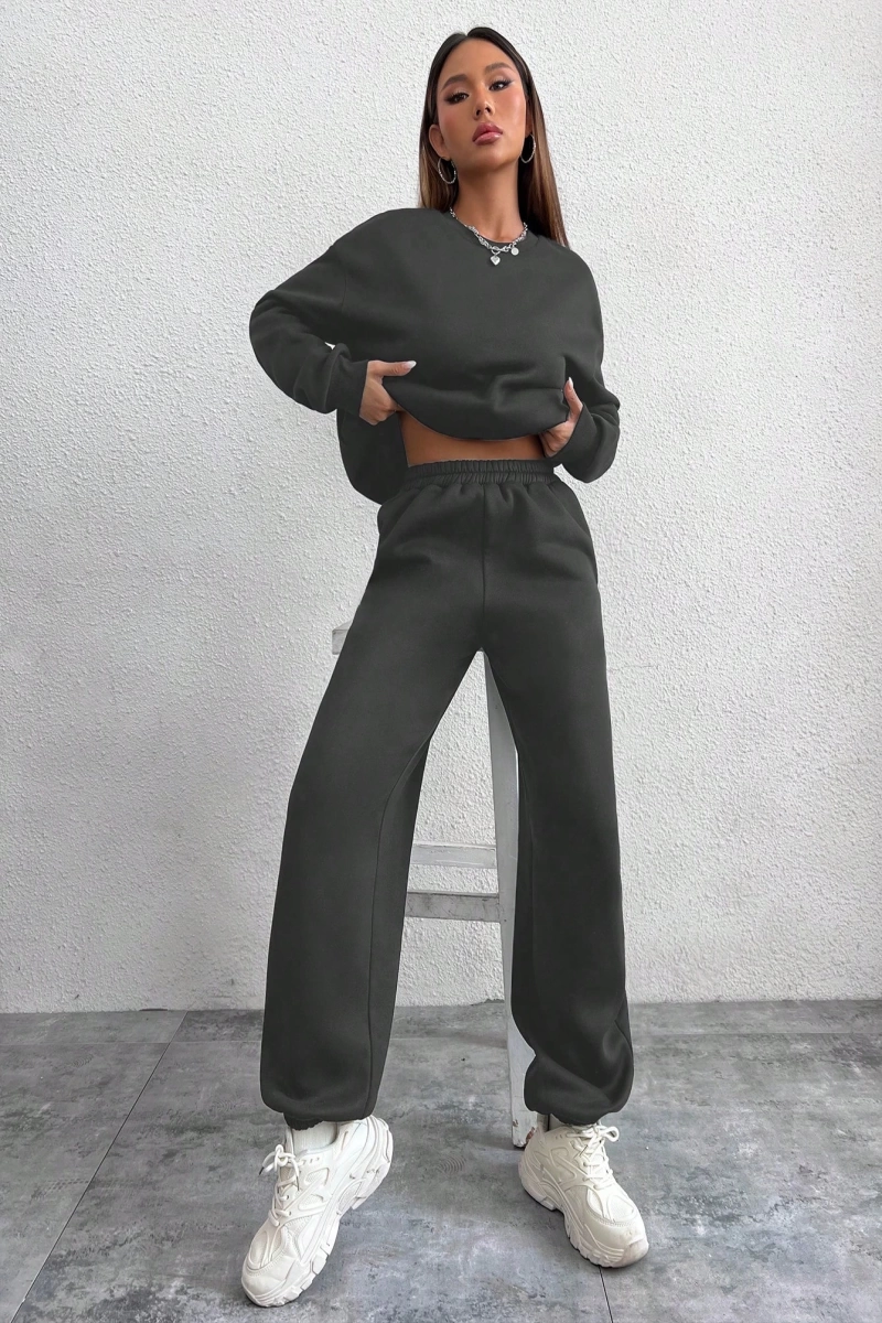 2li Rahat Minimalist Düz Renk Yuvarlak Yaka Sweatshirt Ve Eşofman Altı Takımı
