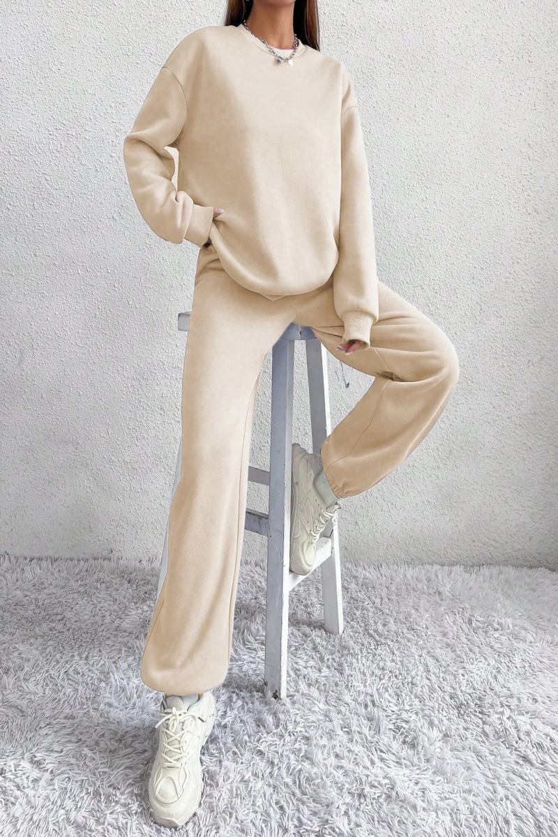 2li Rahat Minimalist Düz Renk Yuvarlak Yaka Sweatshirt Ve Eşofman Altı Takımı