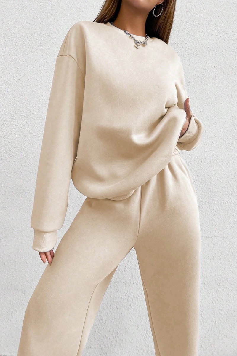2li Rahat Minimalist Düz Renk Yuvarlak Yaka Sweatshirt Ve Eşofman Altı Takımı