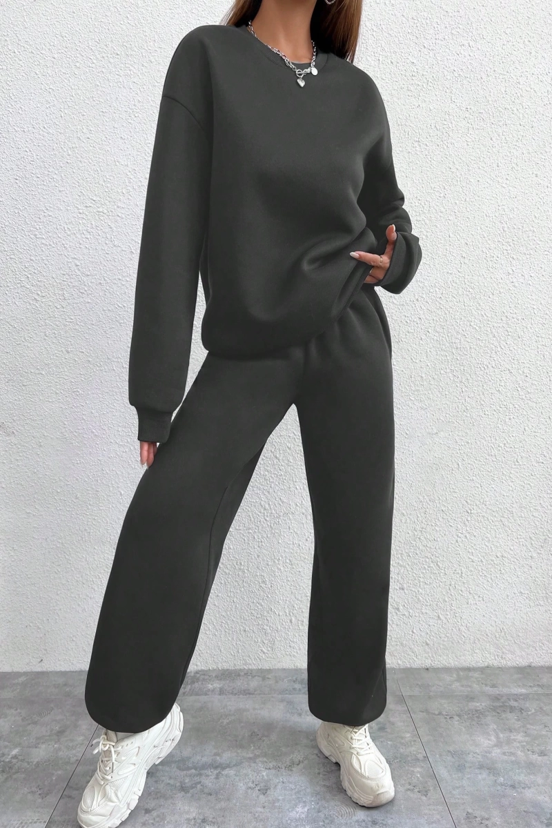 2li Rahat Minimalist Düz Renk Yuvarlak Yaka Sweatshirt Ve Eşofman Altı Takımı