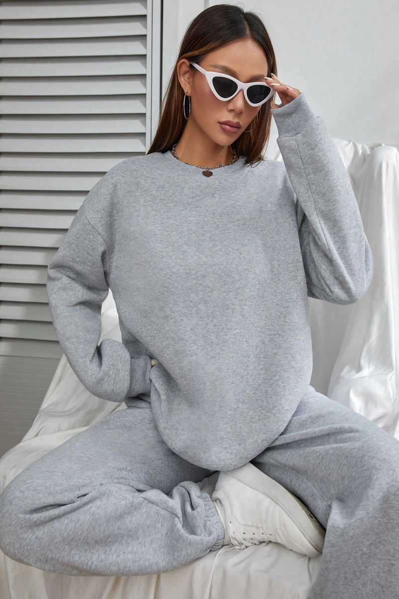 2li Rahat Minimalist Düz Renk Yuvarlak Yaka Sweatshirt Ve Eşofman Altı Takımı