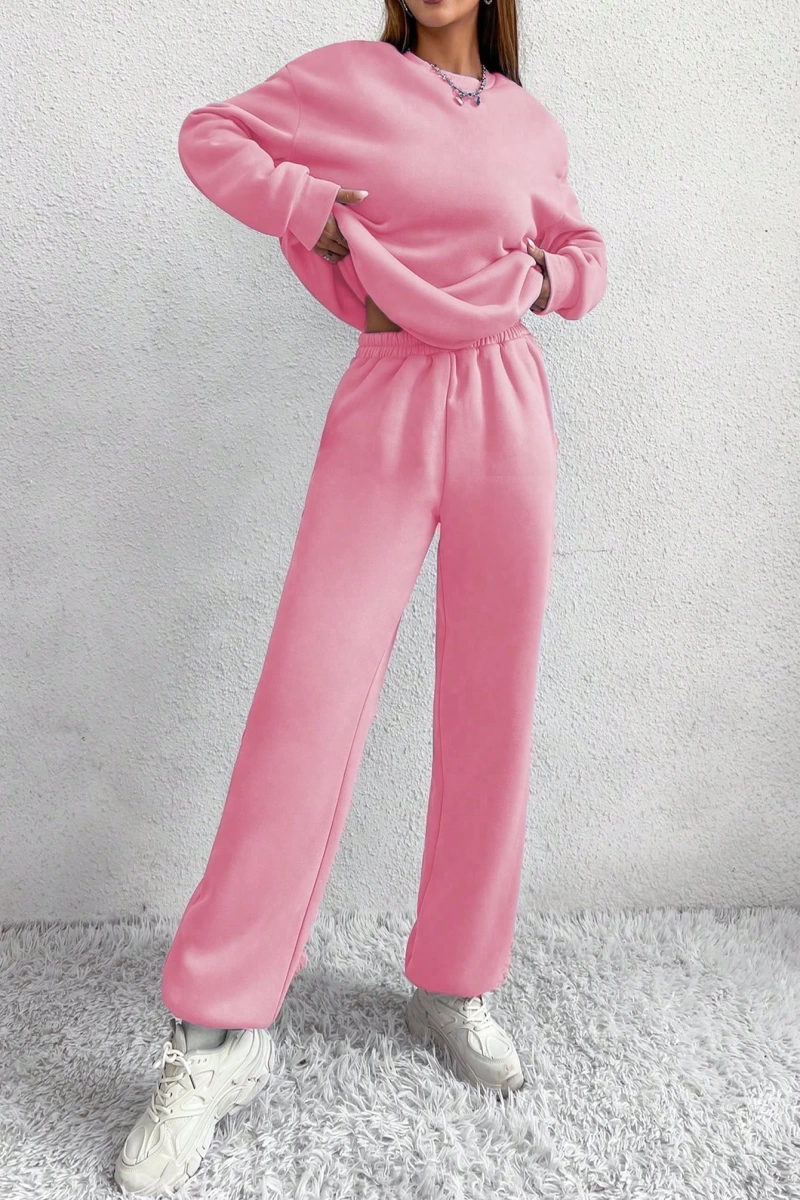 2li Rahat Minimalist Düz Renk Yuvarlak Yaka Sweatshirt Ve Eşofman Altı Takımı