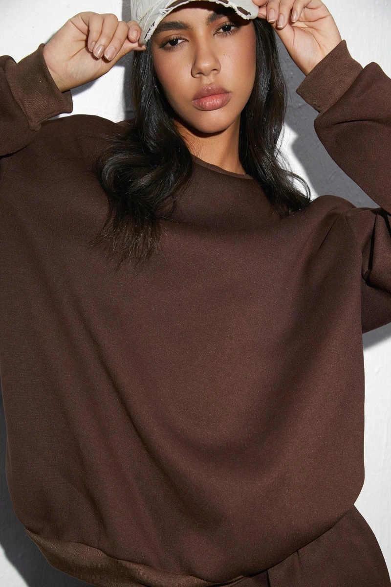 2li Rahat Minimalist Düz Renk Yuvarlak Yaka Sweatshirt Ve Eşofman Altı Takımı