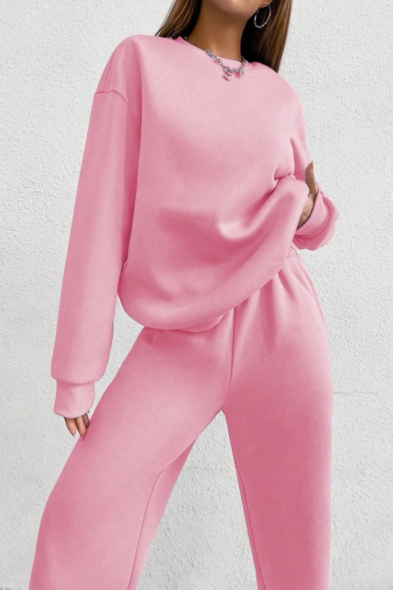 2li Rahat Minimalist Düz Renk Yuvarlak Yaka Sweatshirt Ve Eşofman Altı Takımı