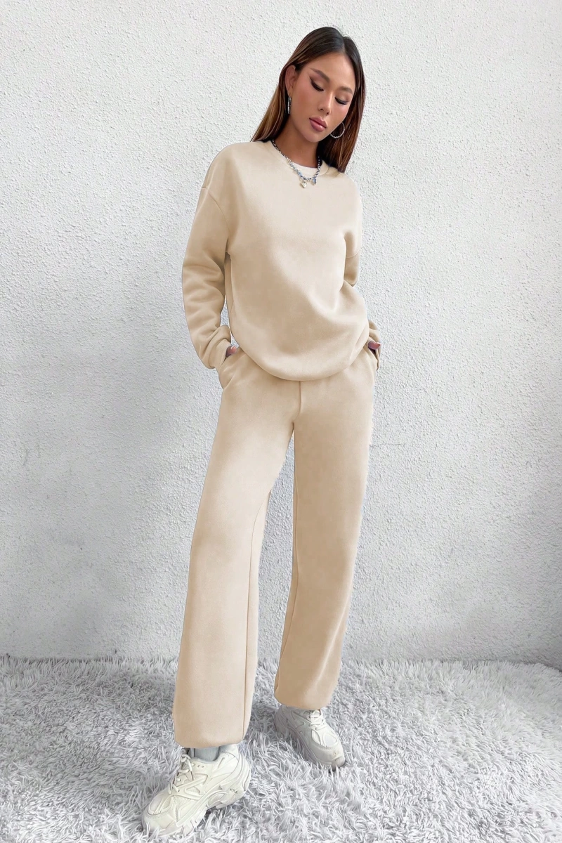 2li Rahat Minimalist Düz Renk Yuvarlak Yaka Sweatshirt Ve Eşofman Altı Takımı