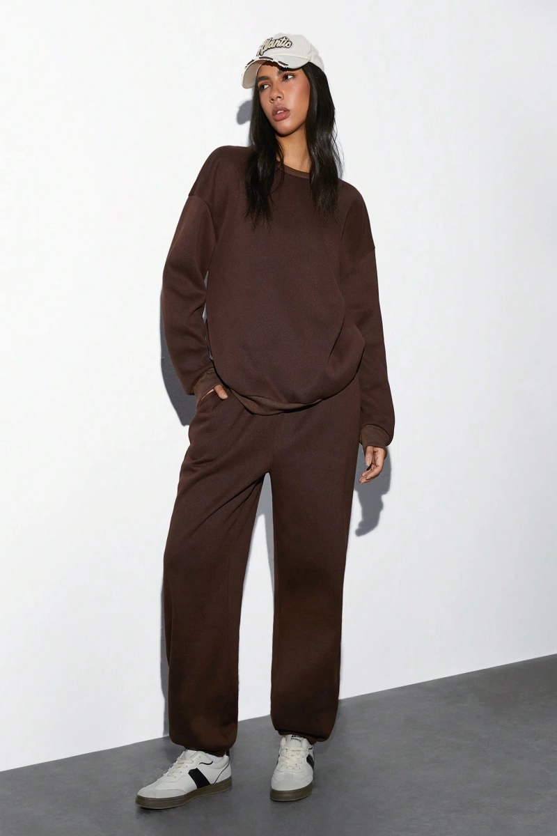 2li Rahat Minimalist Düz Renk Yuvarlak Yaka Sweatshirt Ve Eşofman Altı Takımı