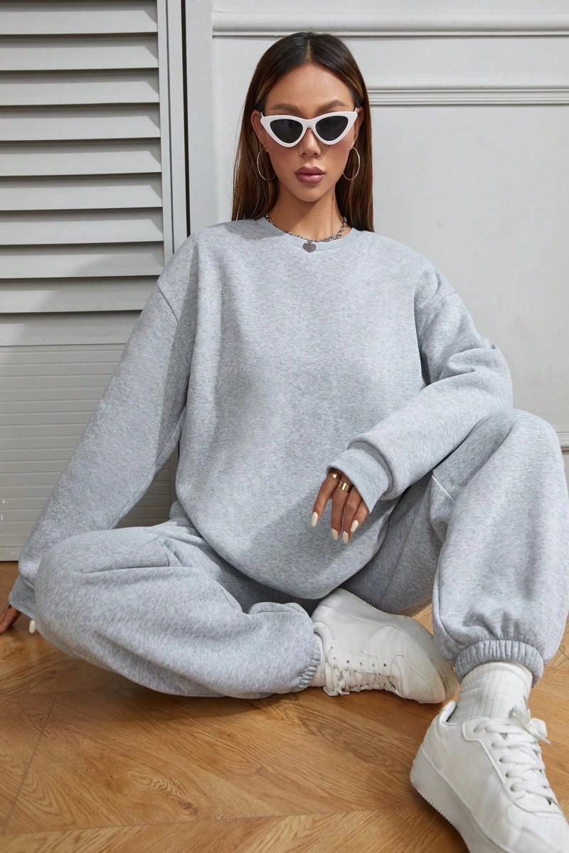 2li Rahat Minimalist Düz Renk Yuvarlak Yaka Sweatshirt Ve Eşofman Altı Takımı
