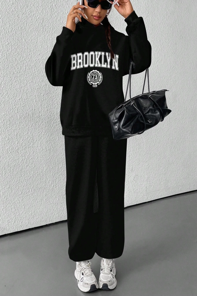 2li Set: Büyük Beden Kadınlar İçin Rahat Retro Brooklyn Grafik Kapüşonlu Üst ve