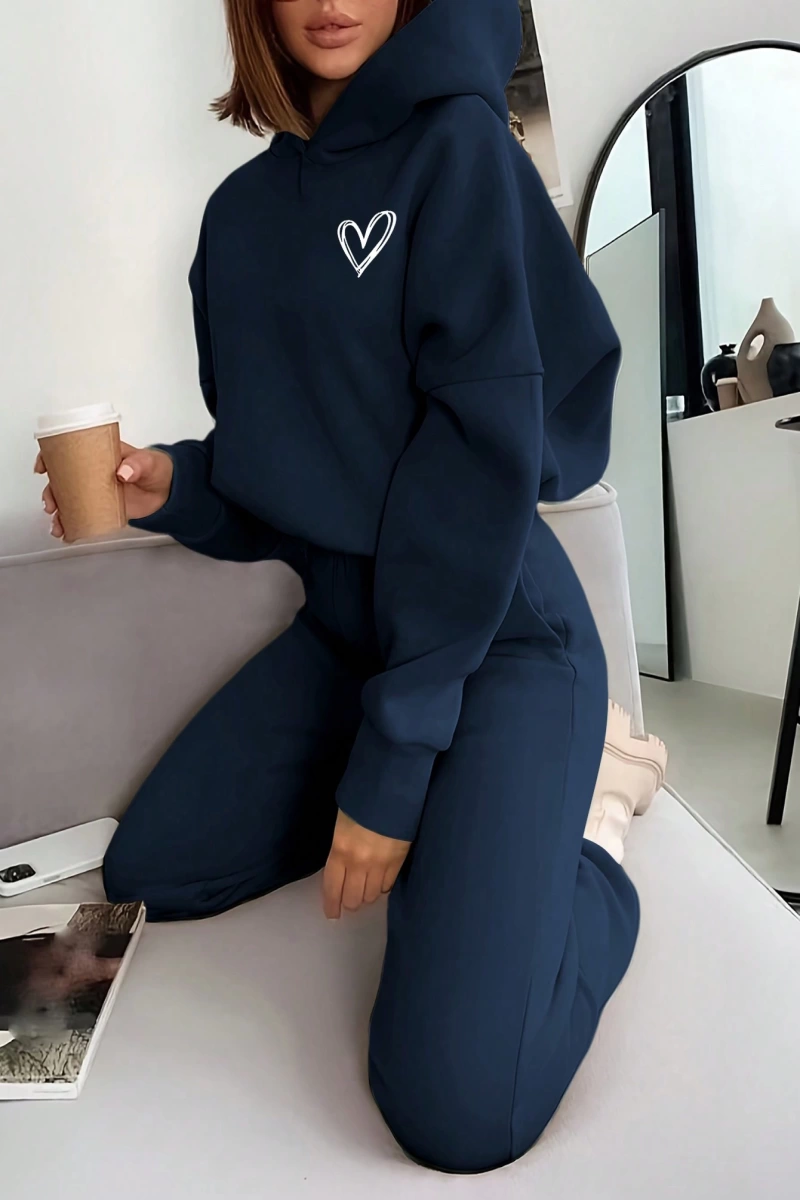 2 Parça Kadın Uzun Kollu Kapüşonlu Sweatshirt Cepli ve Yüksek Bel Kloş Pantolon