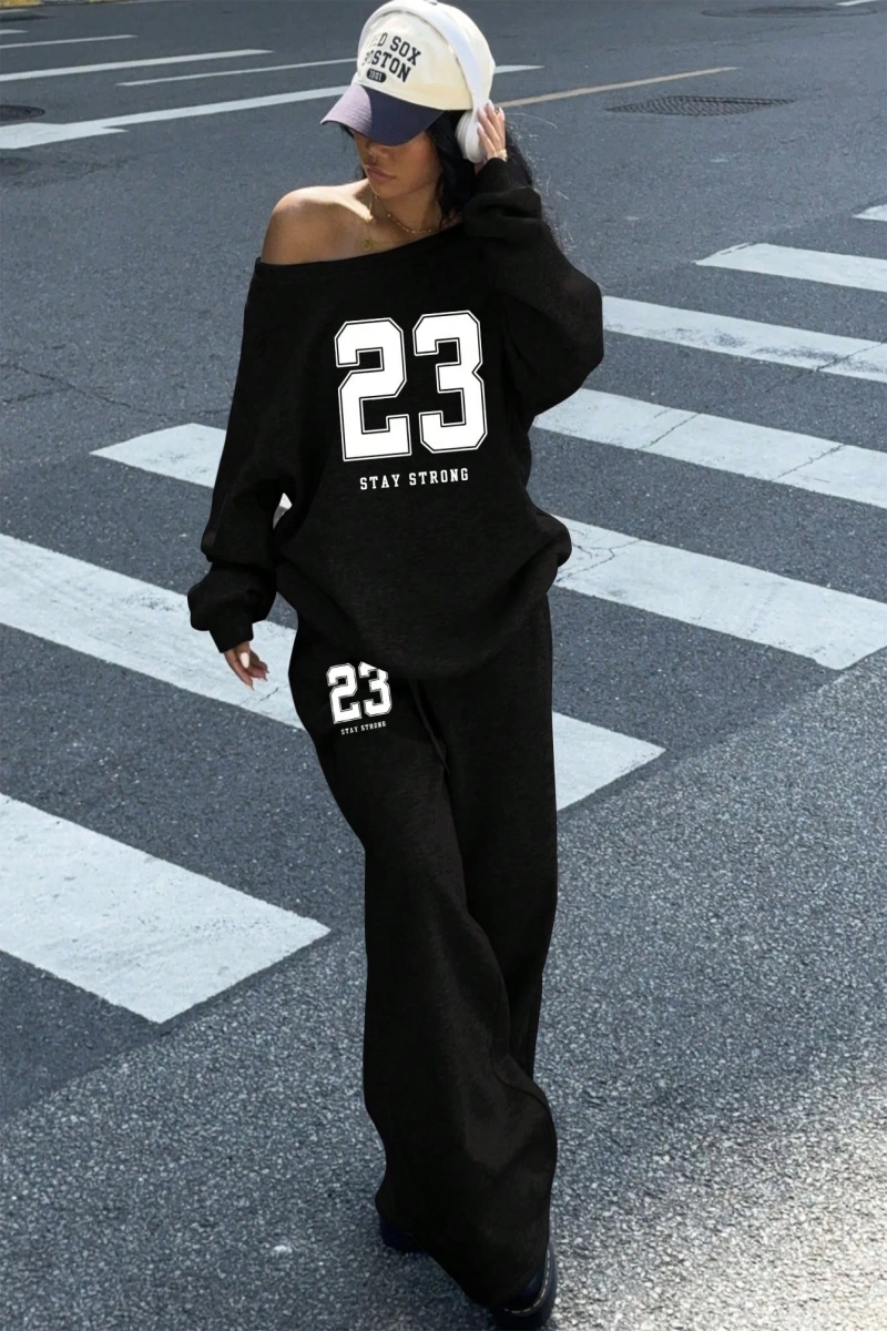2 Parça Set: Bol Soğuk Omuz Sweatshirt ve Termal Astarlı Geniş Paça Eşofman Altı