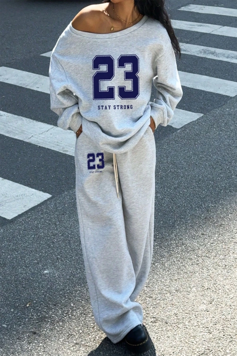 2 Parça Set: Bol Soğuk Omuz Sweatshirt ve Termal Astarlı Geniş Paça Eşofman Altı