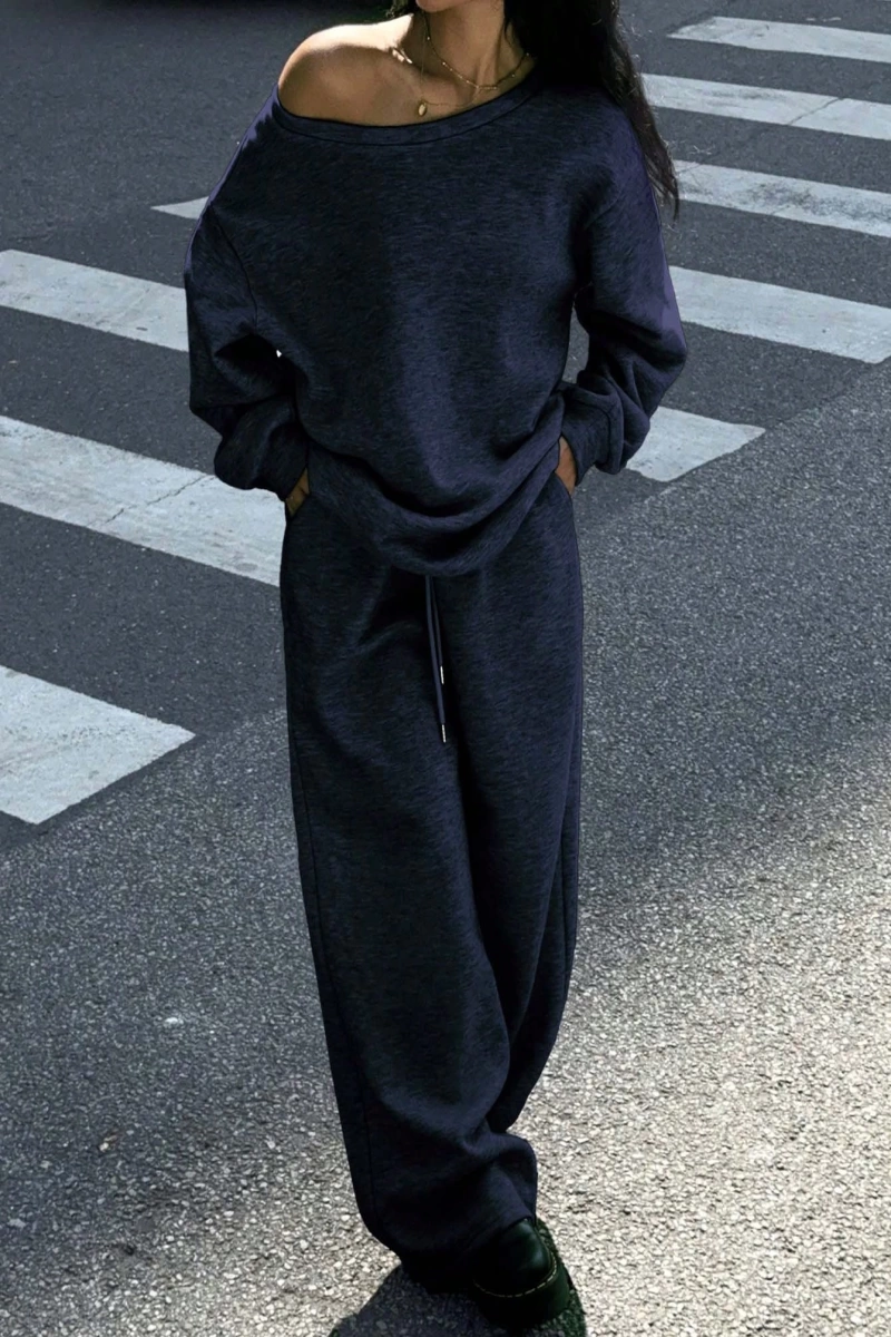 2 Parça Set: Bol Soğuk Omuz Sweatshirt ve Termal Astarlı Geniş Paça Eşofman Altı