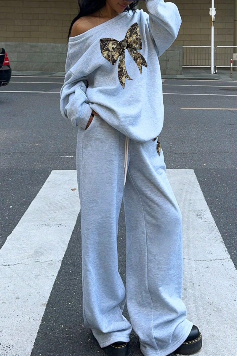 2 Parça Set: Bol Soğuk Omuz Sweatshirt ve Termal Astarlı Geniş Paça Eşofman Altı
