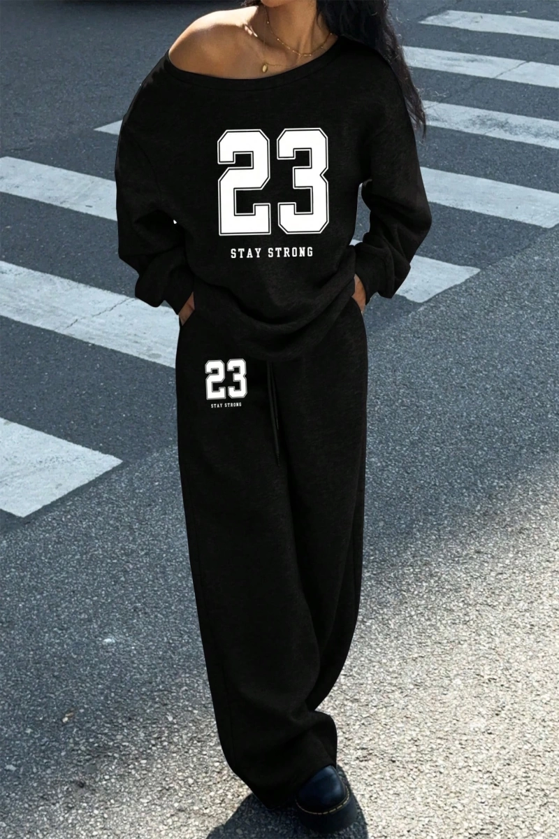 2 Parça Set: Bol Soğuk Omuz Sweatshirt ve Termal Astarlı Geniş Paça Eşofman Altı