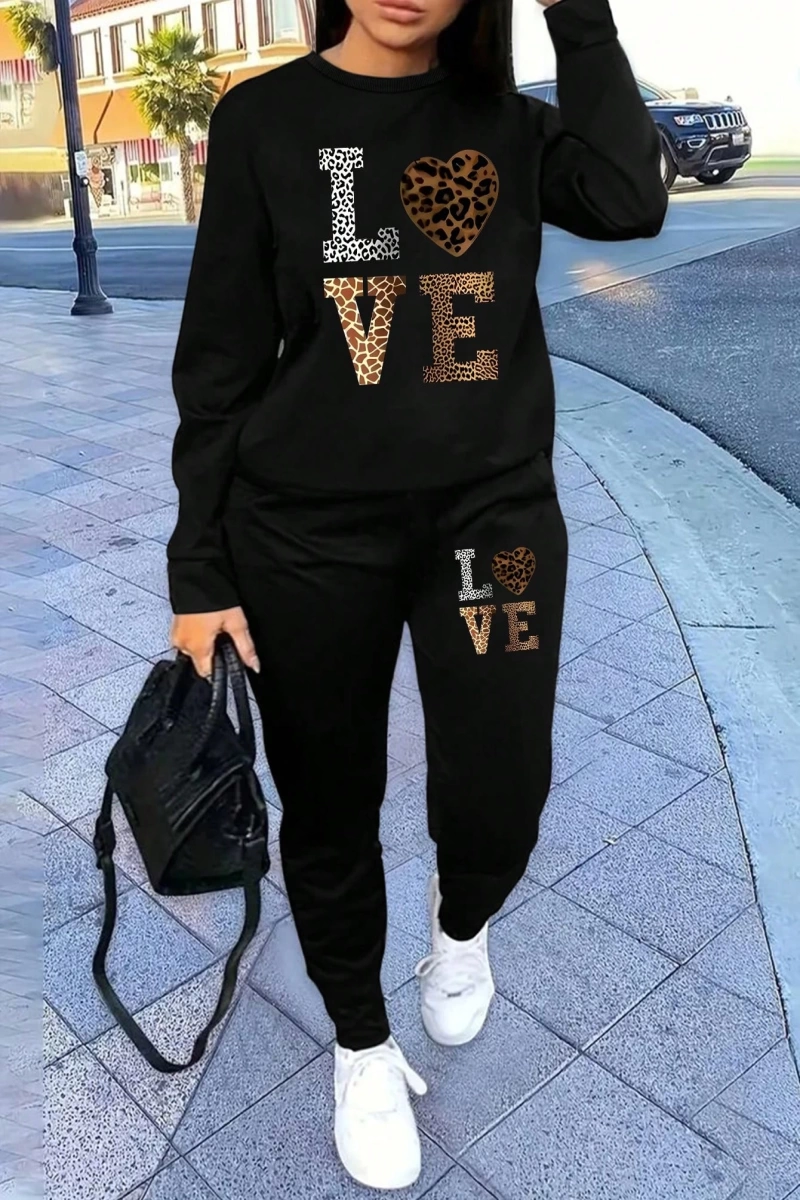 2 Parça Set Büyük Beden Kadın Harf Baskılı Mürettebat Yaka Uzun Kollu Sweatshirt Ve Eş