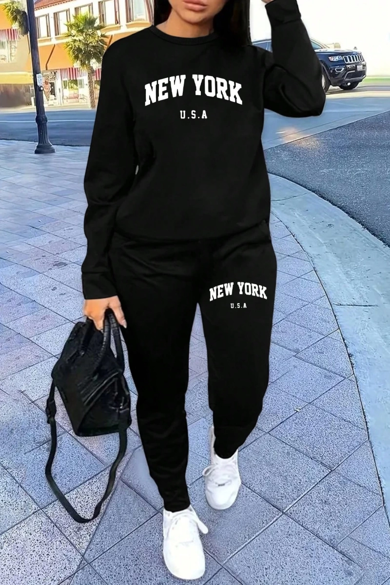 2 Parça Set Büyük Beden Kadın Harf Baskılı Mürettebat Yaka Uzun Kollu Sweatshirt Ve Eş