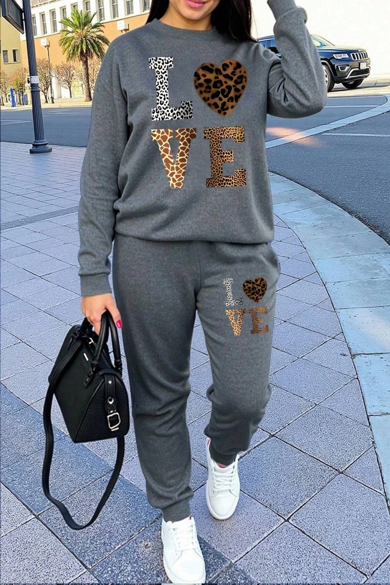 2 Parça Set Büyük Beden Kadın Harf Baskılı Mürettebat Yaka Uzun Kollu Sweatshirt Ve Eş