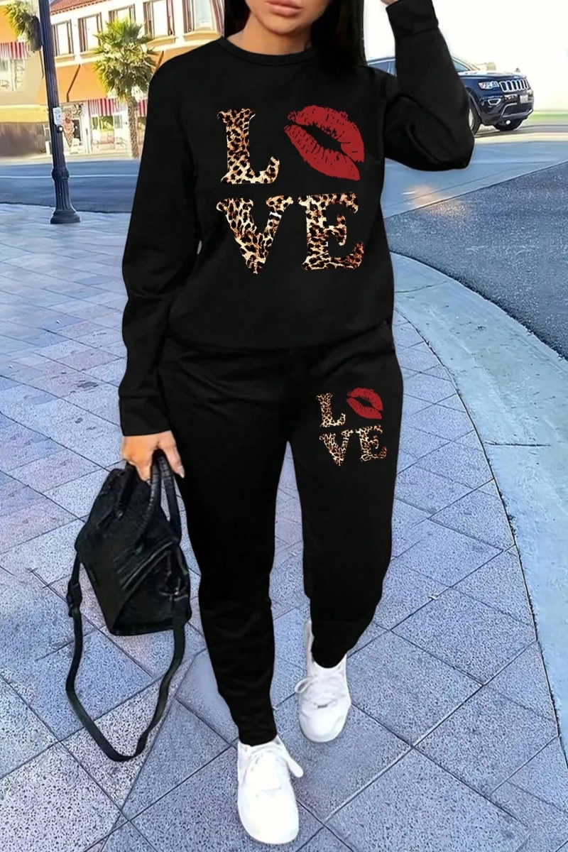 2 Parça Set Büyük Beden Kadın Harf Baskılı Mürettebat Yaka Uzun Kollu Sweatshirt Ve Eş