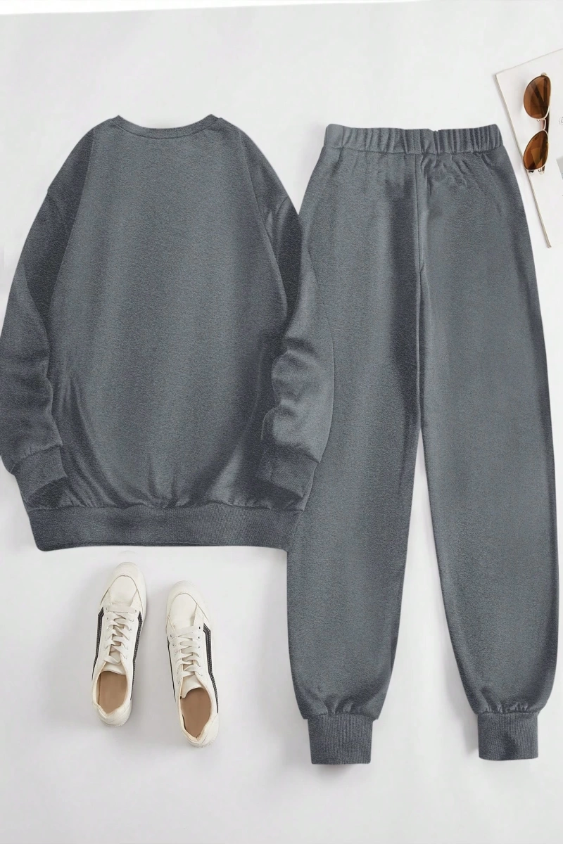 2 Parça Set Büyük Beden Kadın Harf Baskılı Mürettebat Yaka Uzun Kollu Sweatshirt Ve Eş