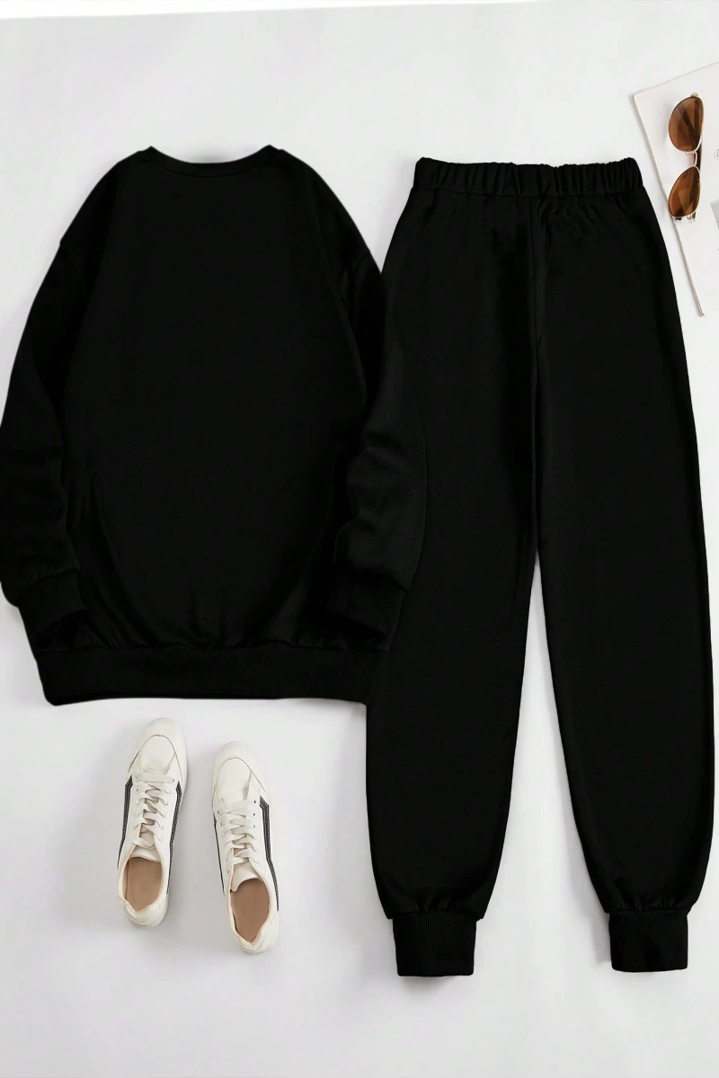 2 Parça Set Büyük Beden Kadın Harf Baskılı Mürettebat Yaka Uzun Kollu Sweatshirt Ve Eş