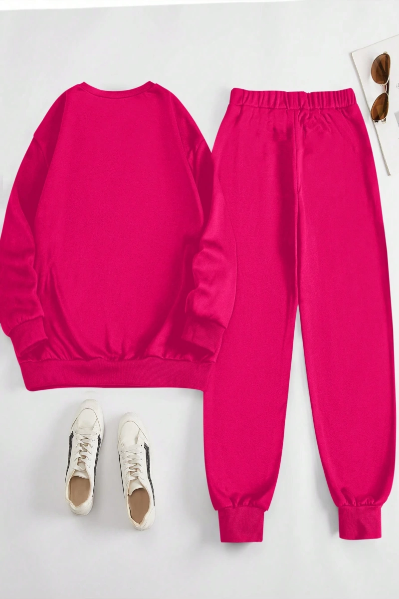 2 Parça Set Büyük Beden Kadın Harf Baskılı Mürettebat Yaka Uzun Kollu Sweatshirt Ve Eş