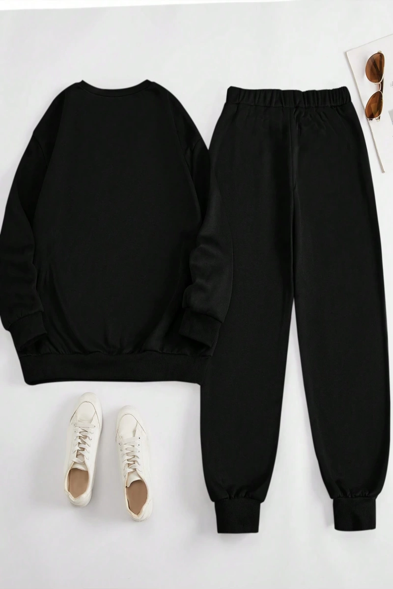 2 Parça Set Büyük Beden Kadın Harf Baskılı Mürettebat Yaka Uzun Kollu Sweatshirt Ve Eş