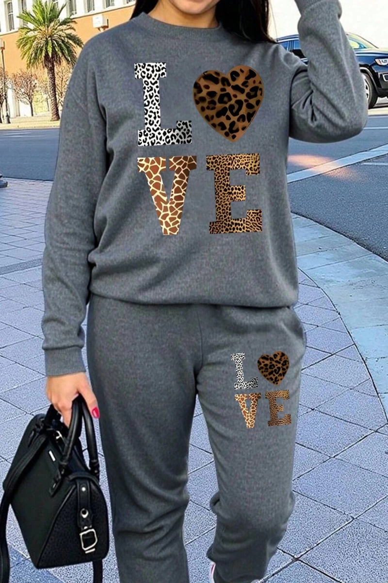 2 Parça Set Büyük Beden Kadın Harf Baskılı Mürettebat Yaka Uzun Kollu Sweatshirt Ve Eş